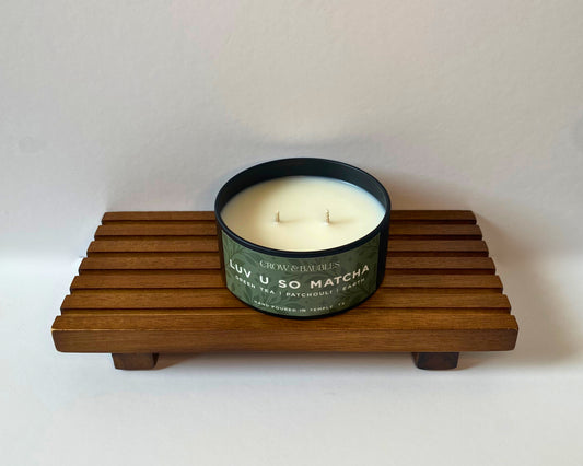 Luv u so matcha - 5 oz candle tin, opened to display double wicks