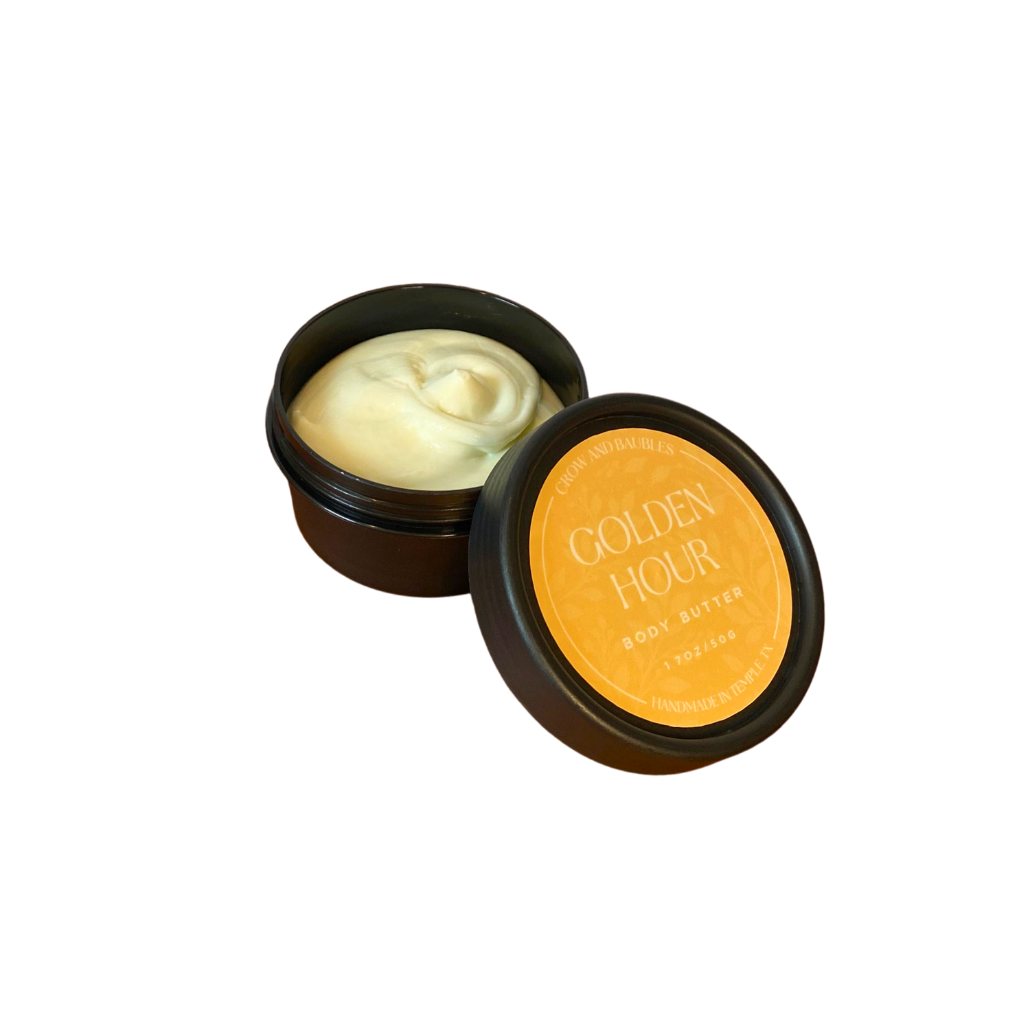 Open 50g Golden Hour body butter showing its creamy texture
