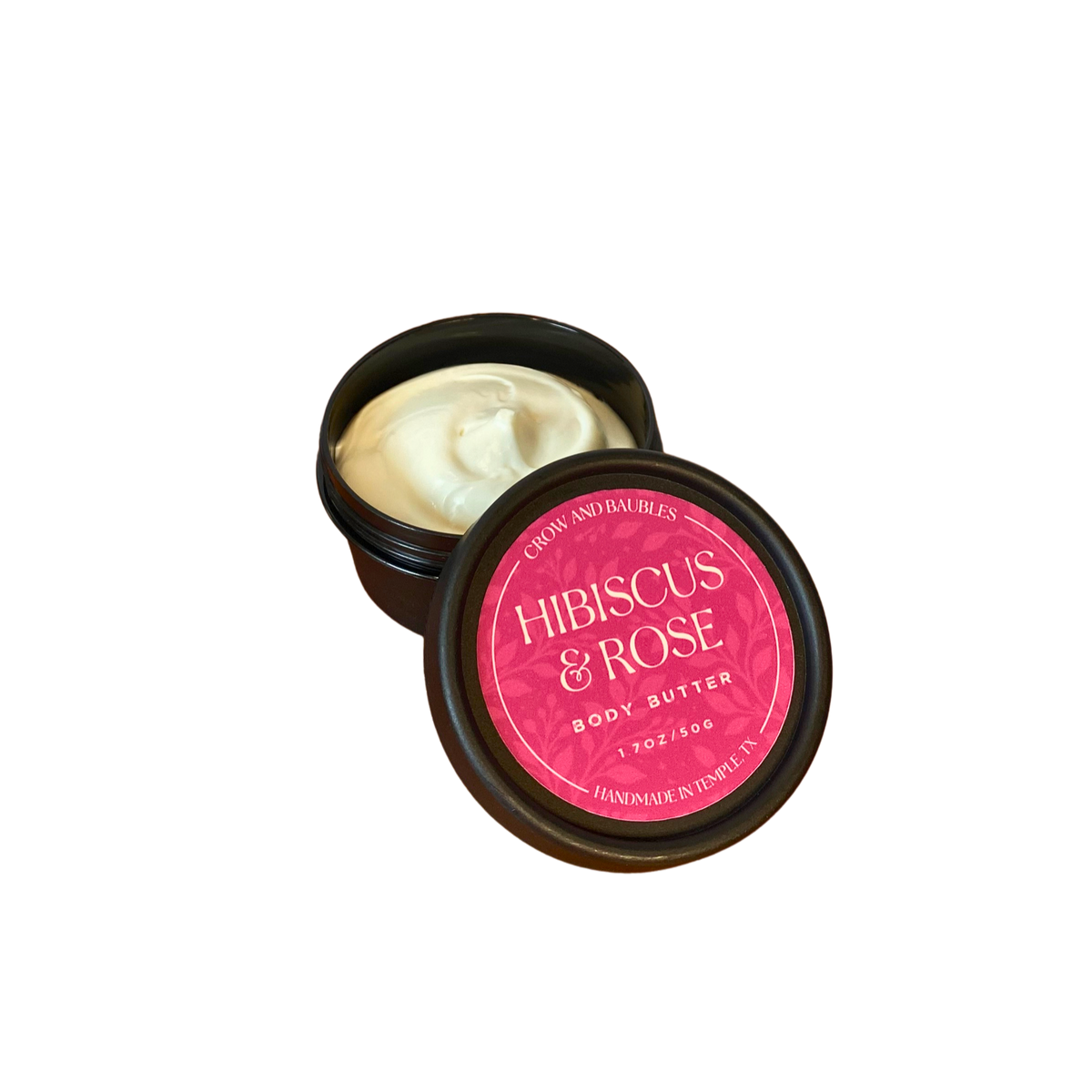 Open 50g Hibiscus & Rose body butter showing its creamy texture