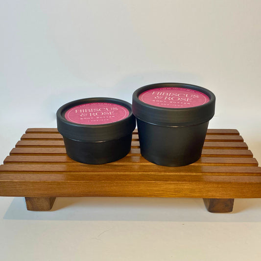 Hibiscus & Rose body butter in 50g and 100g sizes, shown side by side for size comparison