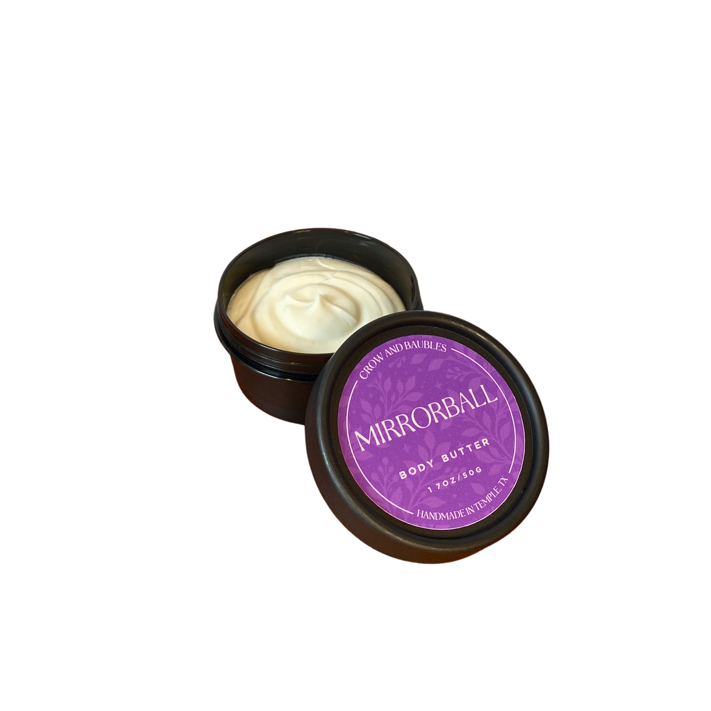 Open 50g Mirrorball body butter showing its creamy texture