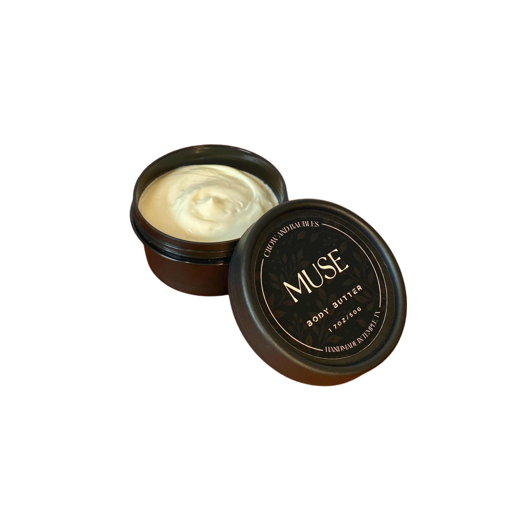 Open 50g Muse body butter showing its creamy texture