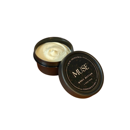 Open 50g Muse body butter showing its creamy texture