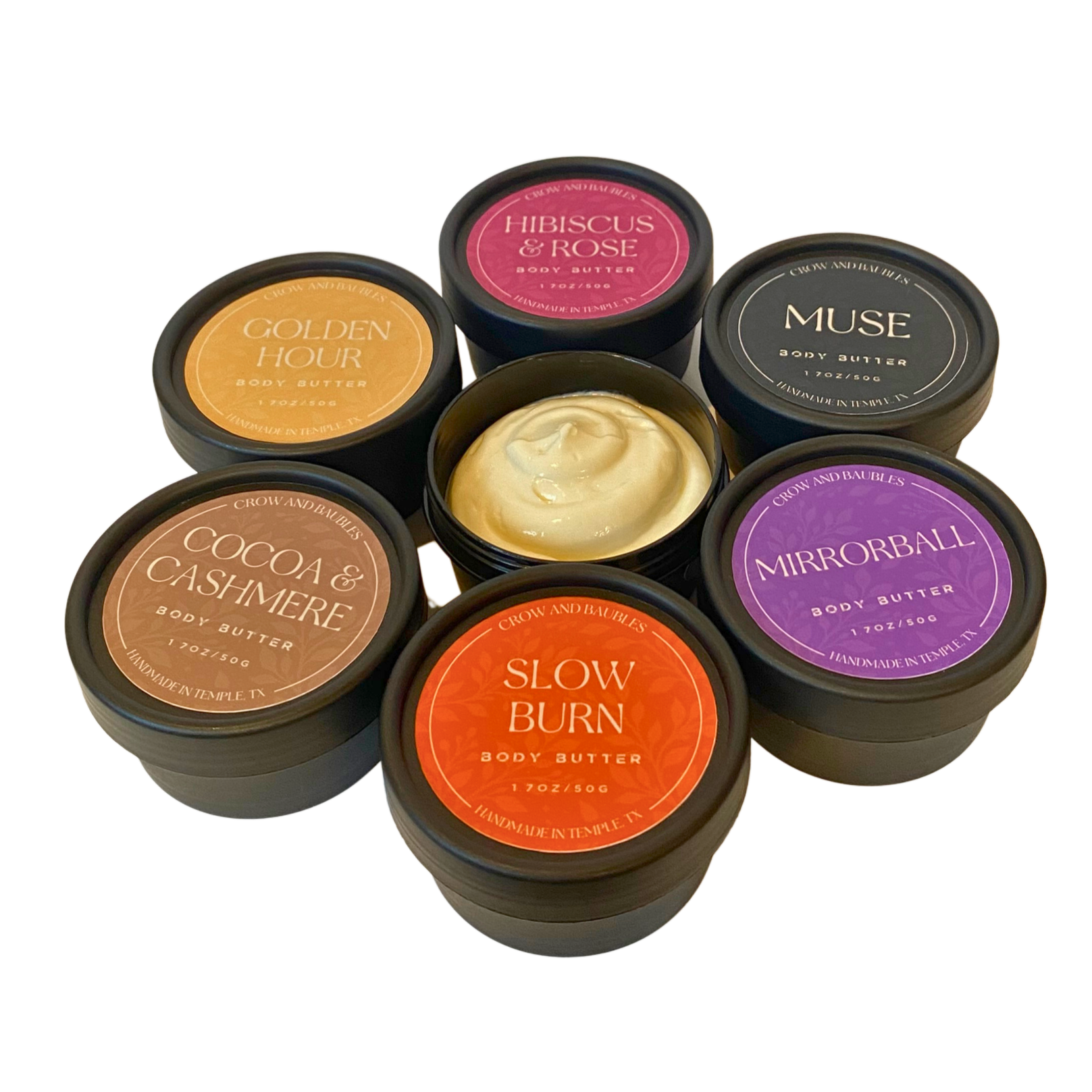 Our core collection of body butters (from top, going clockwise): Hibiscus & Rose, Muse, Mirrorball, Slow Burn, Cocoa & Cashmere, and Golden Hour