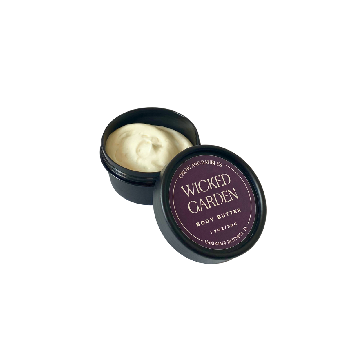 Wicked Garden 50g body butter, open to display creamy texture
